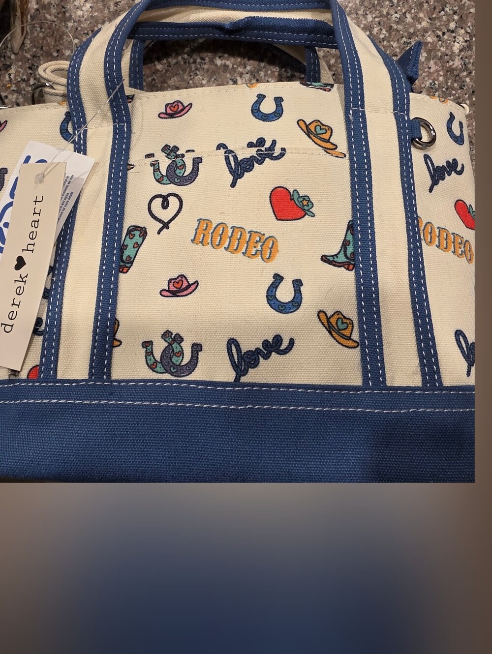 derek heart Cream Canvas Tote with Blue Trim